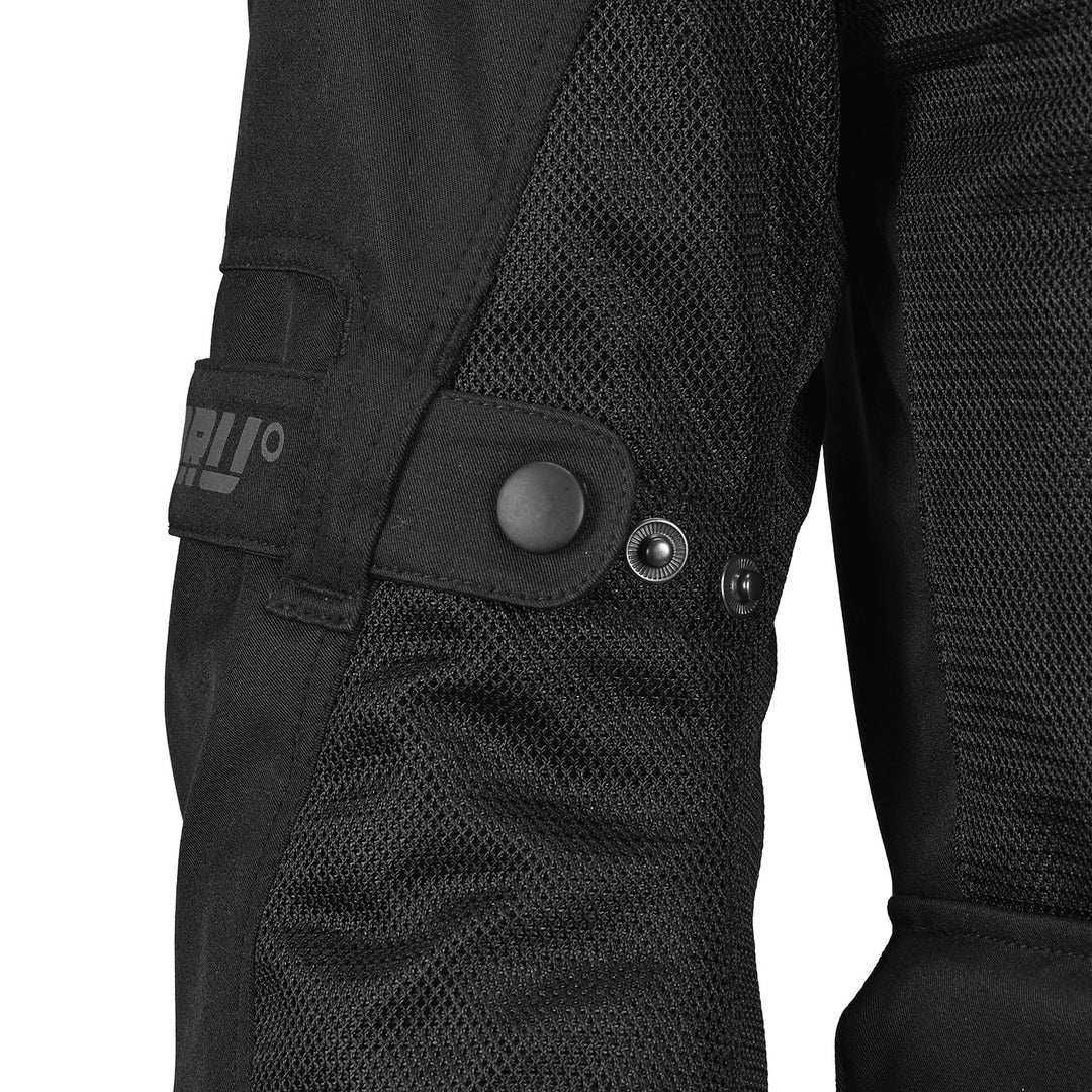Noru Hakken Adventure Mesh Jacket Black - Close-Up of Arm Adjustment Strap and Snaps