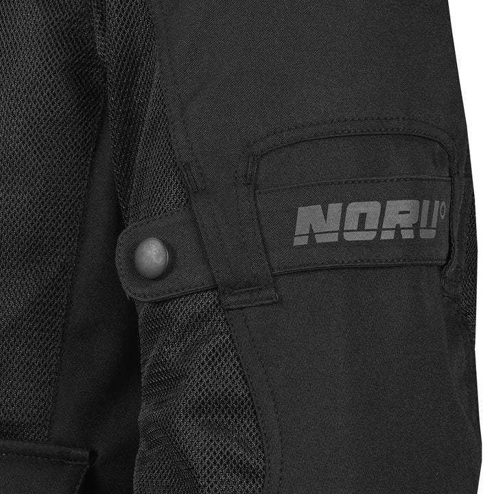 Noru Hakken Adventure Mesh Jacket Black - Close-Up of Brand Logo on Sleeve