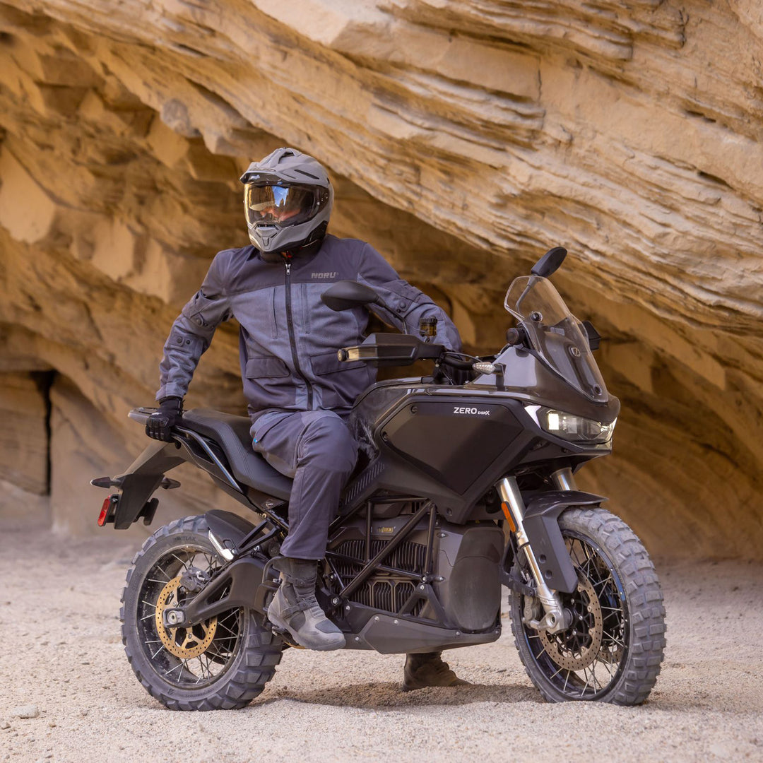 Noru Hakken Adventure Mesh Jacket Grey - Lifestyle of Rider Wearing Jacket while Sitting on Black Adventure Motorcycle