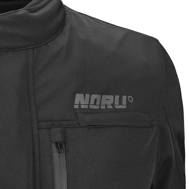 Noru Hakken Adventure Waterproof Jacket Black - Close-Up of Brand Logo on Chest