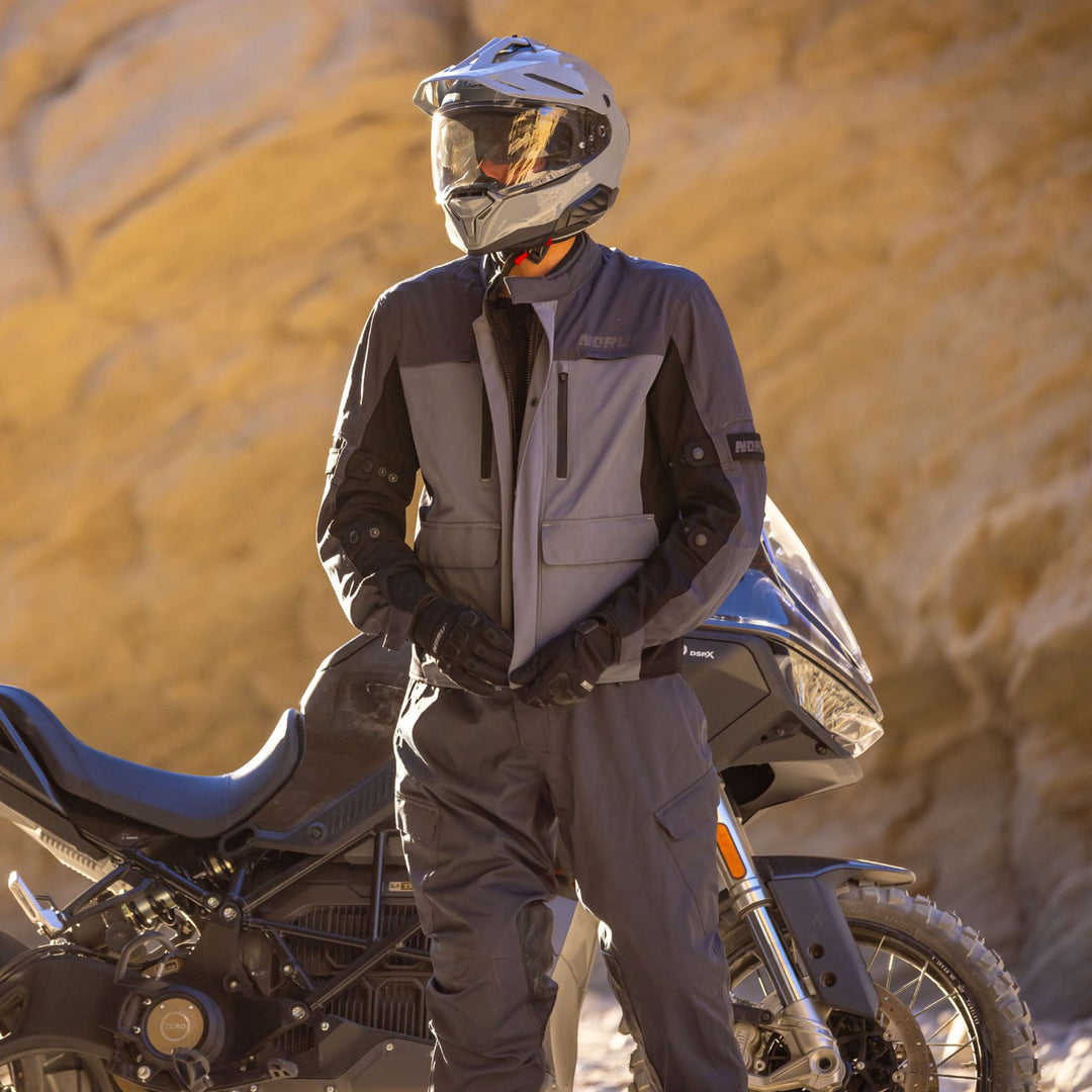 Noru Hakken Adventure Waterproof Jacket Grey - Lifestyle of Rider Zipping Up Jacket