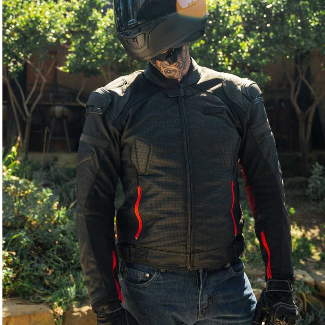 Noru Kaneda Leather Jacket Black/Red - Lifestyle Shot of Rider Wearing Jacket
