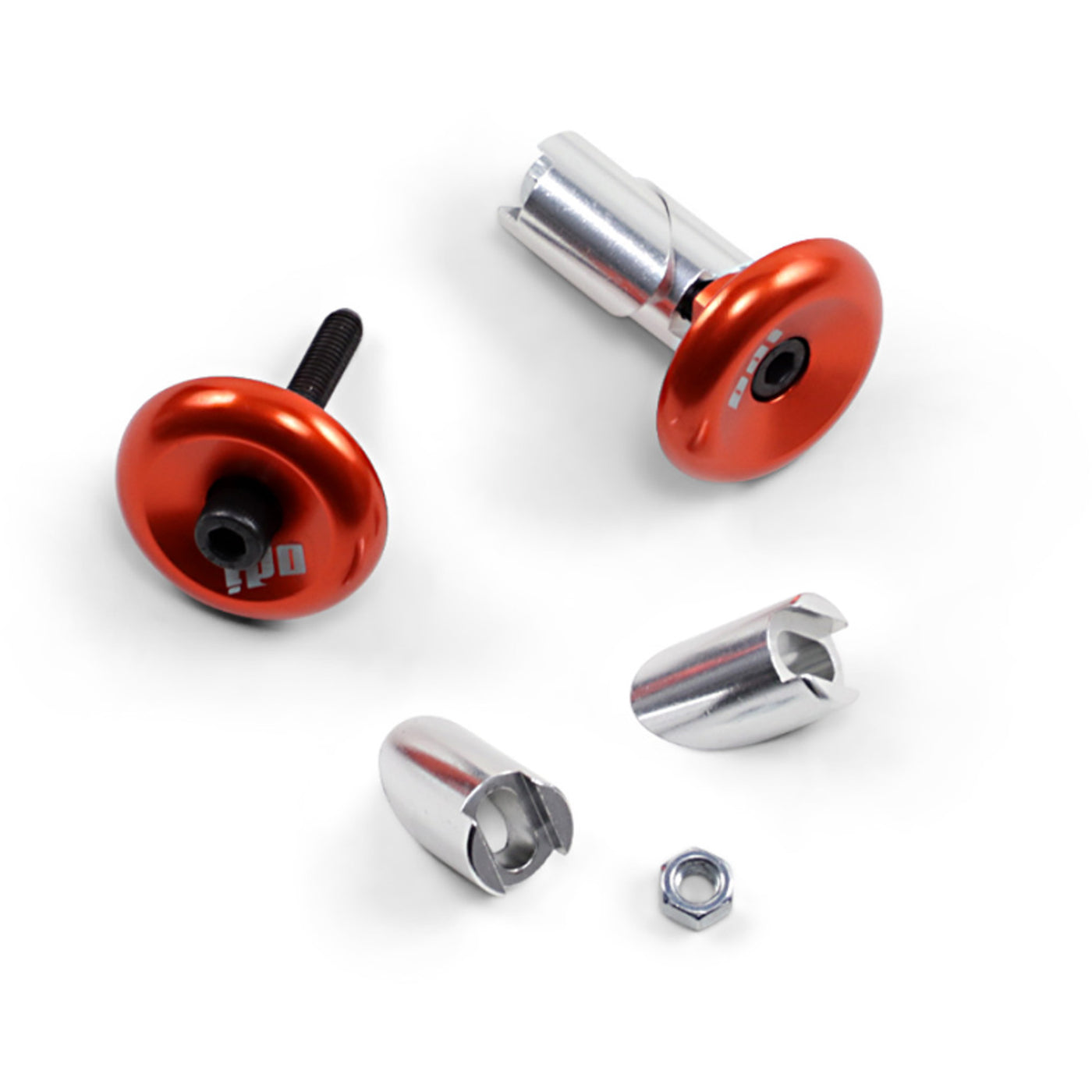 ODI Aluminum Handlebar End Plugs Orange - Full View with Hardware