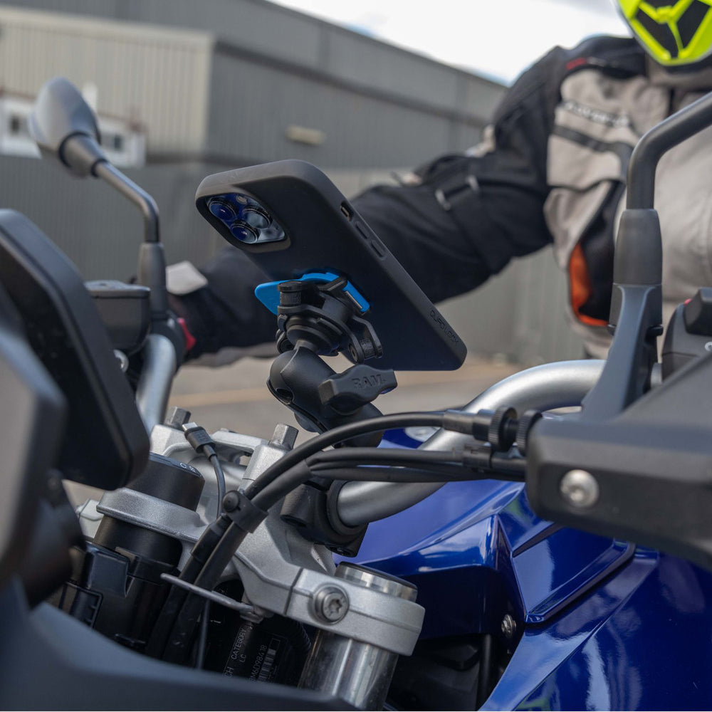 Quad Lock 1" Ball Adaptor Mount (V2) - Lifestyle of Adaptor Mount installed on Blue Motorcycle