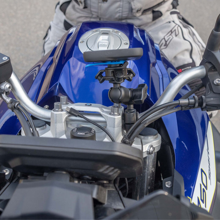 Quad Lock 1" Ball Adaptor Mount (V2) - Lifestyle Close-Up of Adaptor Mount Installed on Blue Motorcycle
