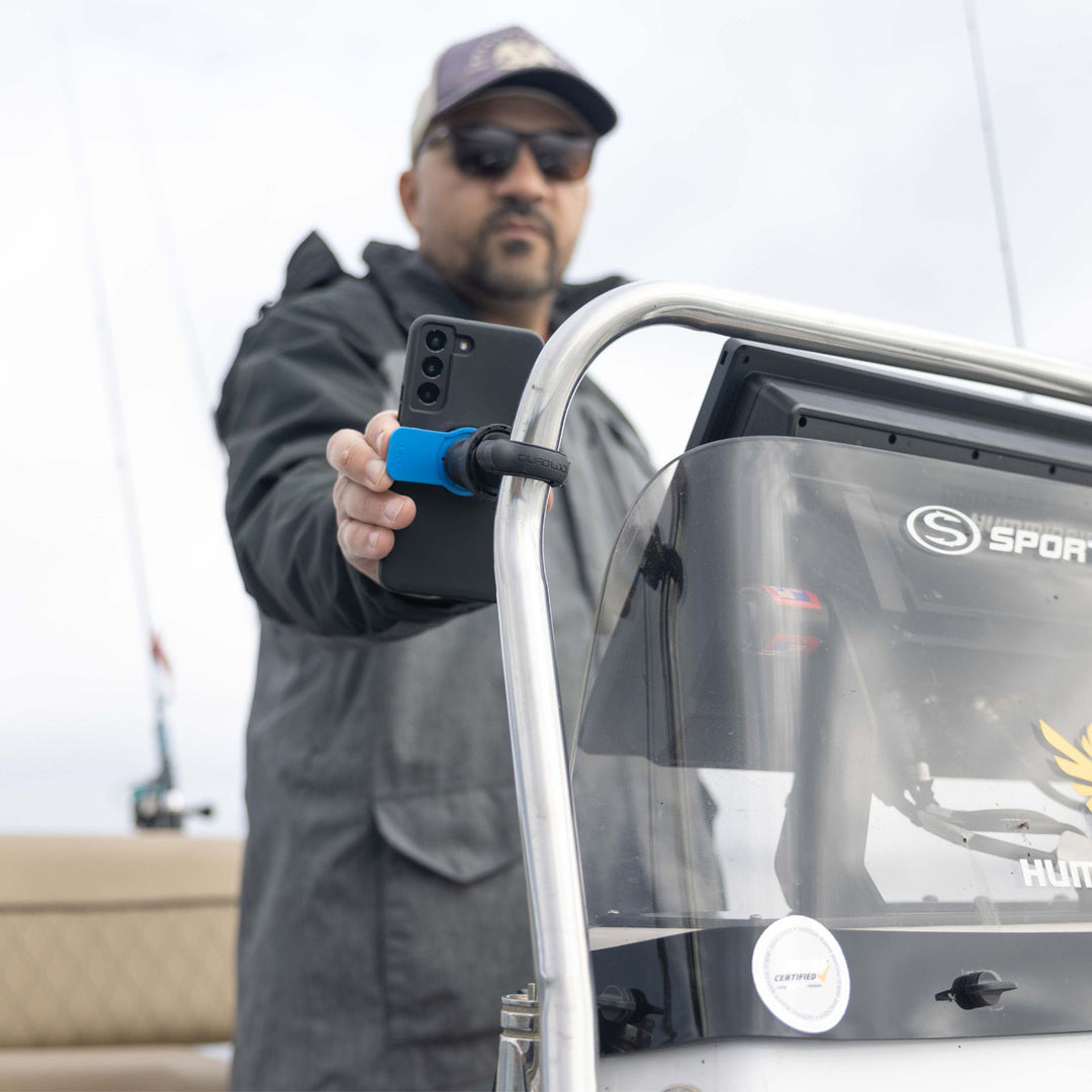 Quad Lock 360 Arm - Dual Pivot - Lifestyle Close-Up of 360 arm Installed on Boat Bar