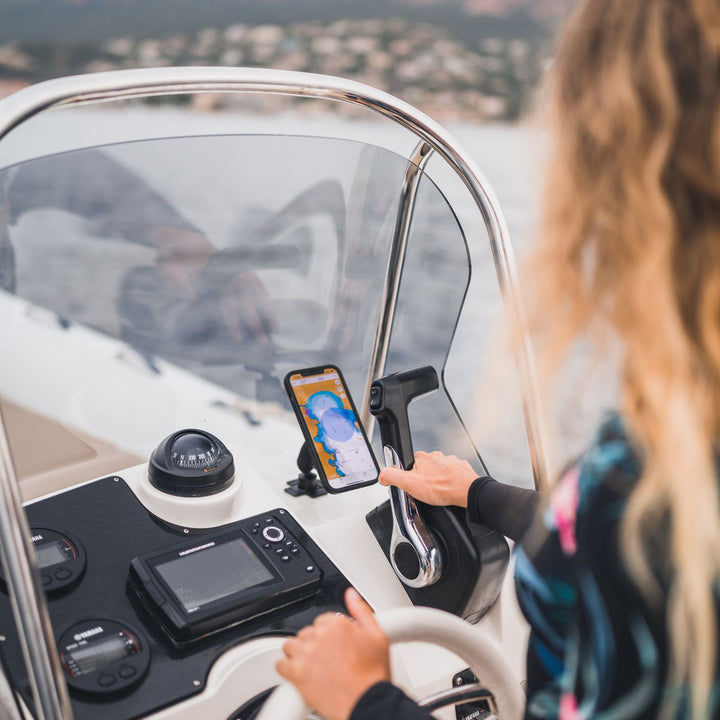 Quad Lock 360 Arm - Dual Pivot - Lifestyle of 360 Arm installed on Boat Dashboard