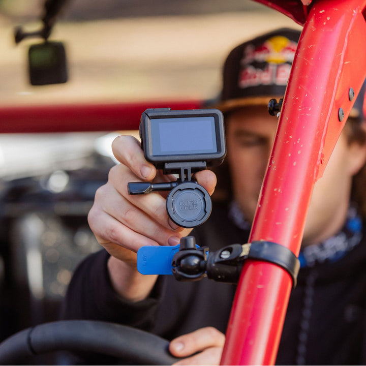 Quad Lock 360 Base - Hose Clamp - Lifestyle Close-Up of Hose Clamp on UTV Side Bar