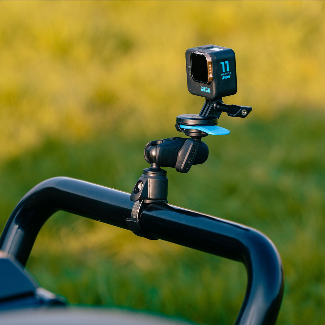 Quad Lock 360 Base - Hose Clamp - Lifestyle of Hose Clamp Installed on Black Bar