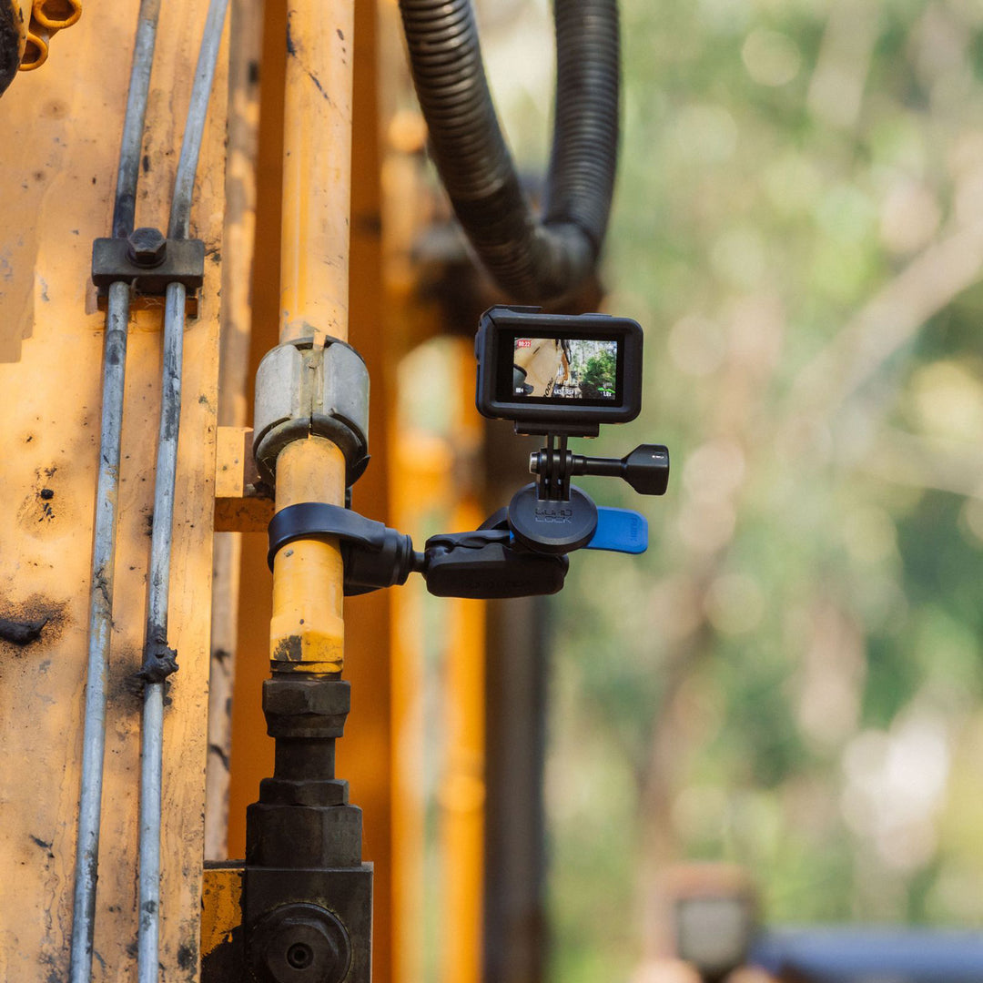 Quad Lock 360 Base - Hose Clamp - Lifestyle of Hose Clamp Installed on Yellow Side Bar