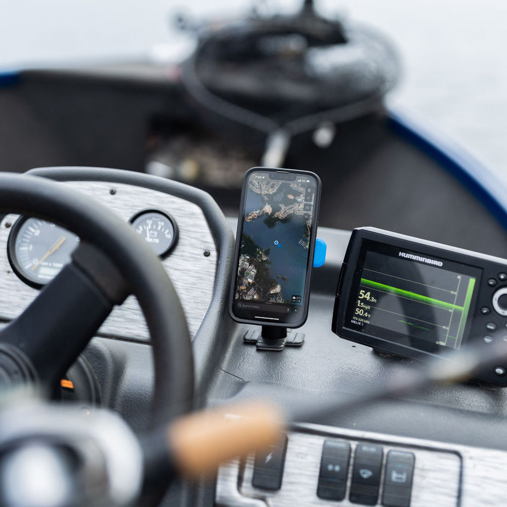 Quad Lock 360 Head - Lever - Lifestyle of Head Lever Installed on Boat Dashboard