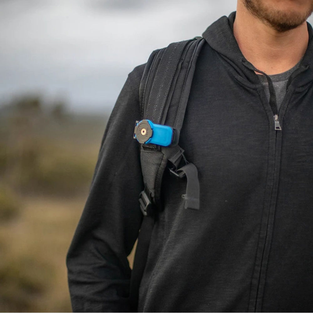 Quad Lock Belt/Utility Clip (V3) - Lifestyle of Utility Clip Attached to Backpack Shoulder Strap