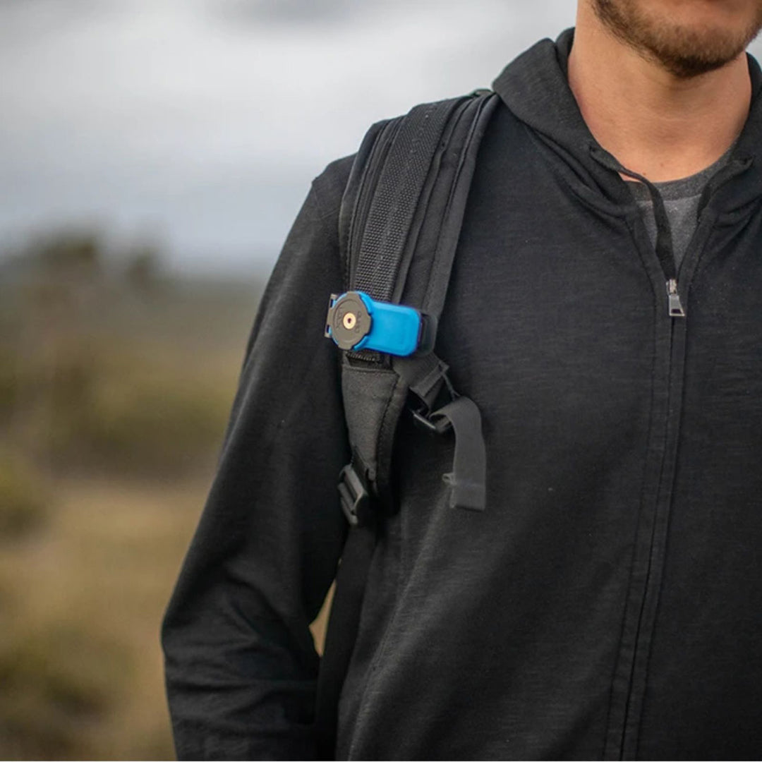 Quad Lock Belt/Utility Clip (V3) - Lifestyle of Utility Clip Attached to Backpack Shoulder Strap