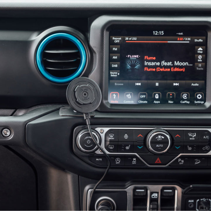 Quad Lock Dash/Console Car Mount - Lifestyle Close-Up of Car Mount Installed on Narrow Dash