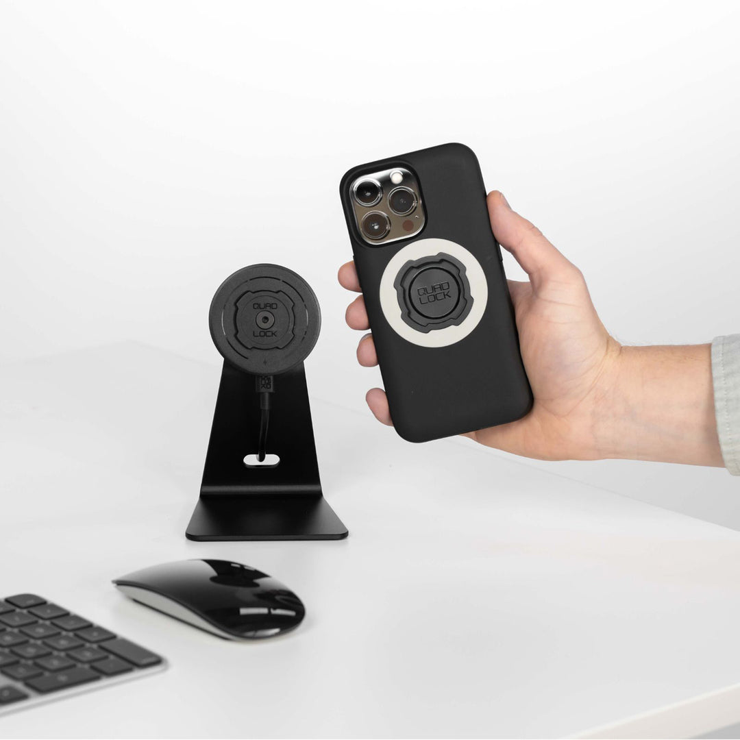 Quad Lock Desk Mount - V2 - Lifestyle of Charging Head Attached to Desk Mount
