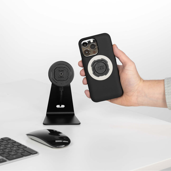 Quad Lock Desk Mount - V2 - Lifestyle of Charging Head Attached to Desk Mount