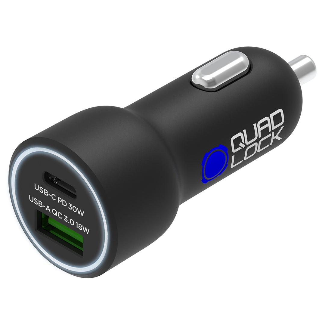 Quad Lock 48W Dual Car Charger - USB-C PD + USB-A QC3.0 - Angled Side View