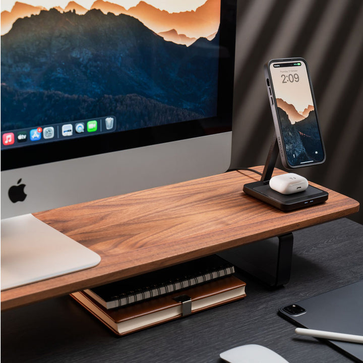 Quad Lock MAG Dual Desktop Wireless Charger - Lifestyle Shot of Charger Set-up on Entertainment Stand