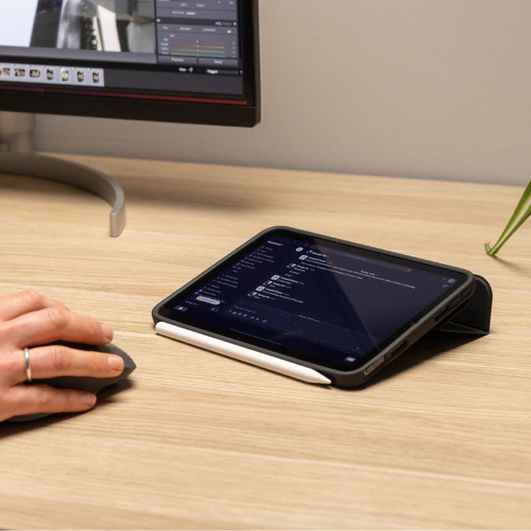Quad Lock iPad Folio - iPad Mini 6 Original - Lifestyle of iPad Propped Up on Desk