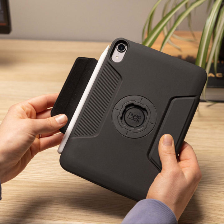 Quad Lock iPad Folio - iPad Mini 6 Original - Lifestyle of Used Folding Apple Pen Side Pocket Holder