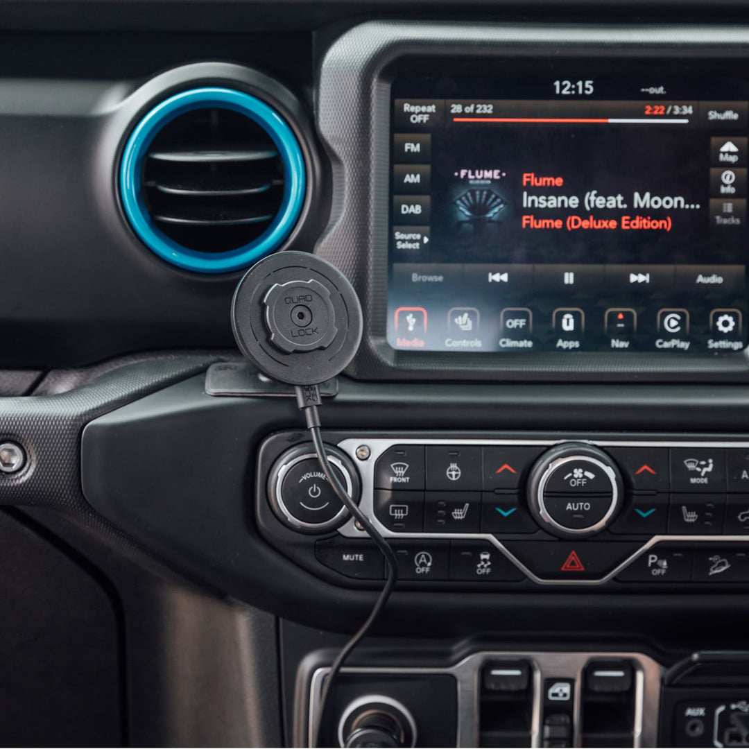 Quad Lock MAG Wireless Charging Head - V2 - Lifestyle Close-Up of Charging Head Installed on Dash Mount