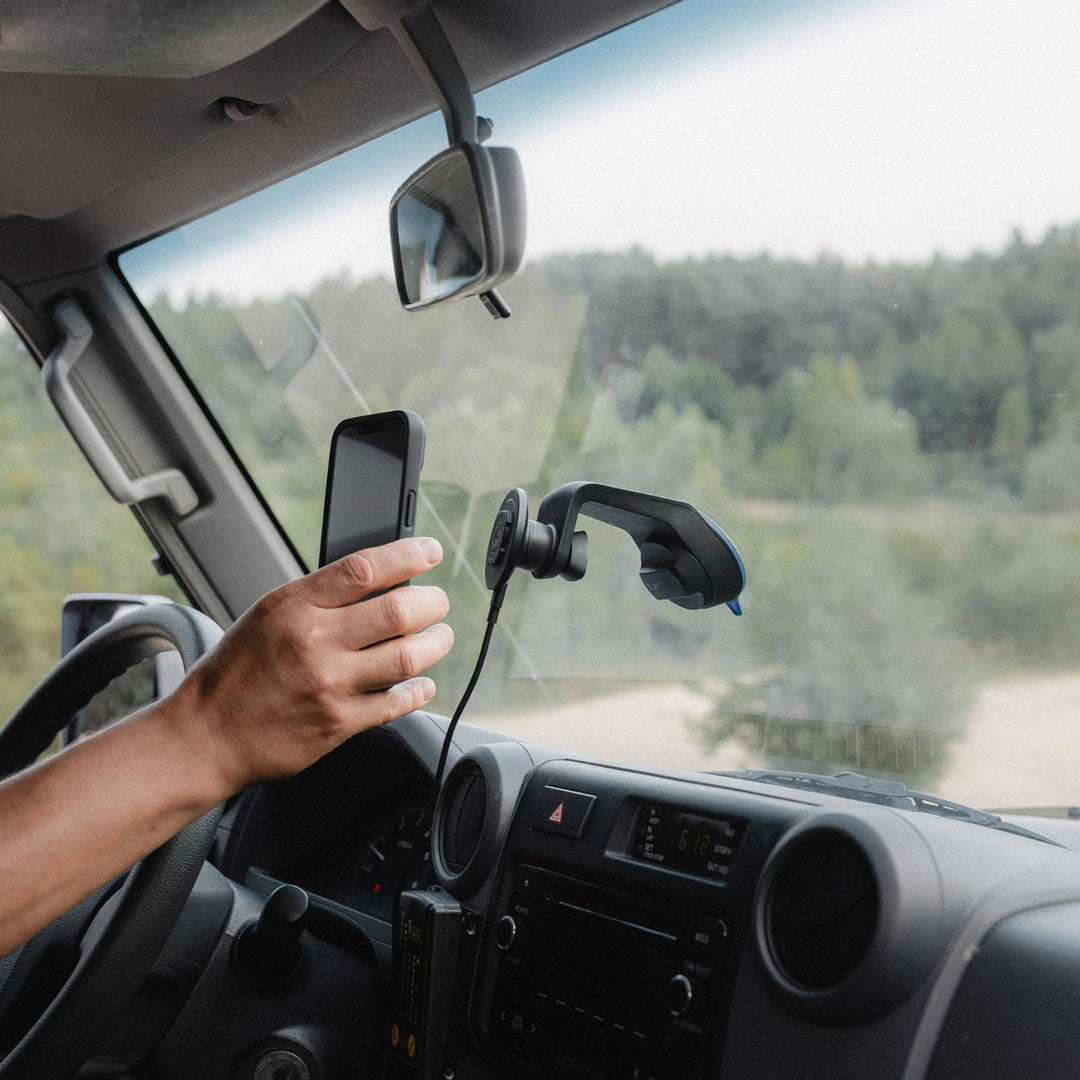 Quad Lock MAG Wireless Charging Head - V2 - Lifestyle of Charging Head Installed on Windshield Mount