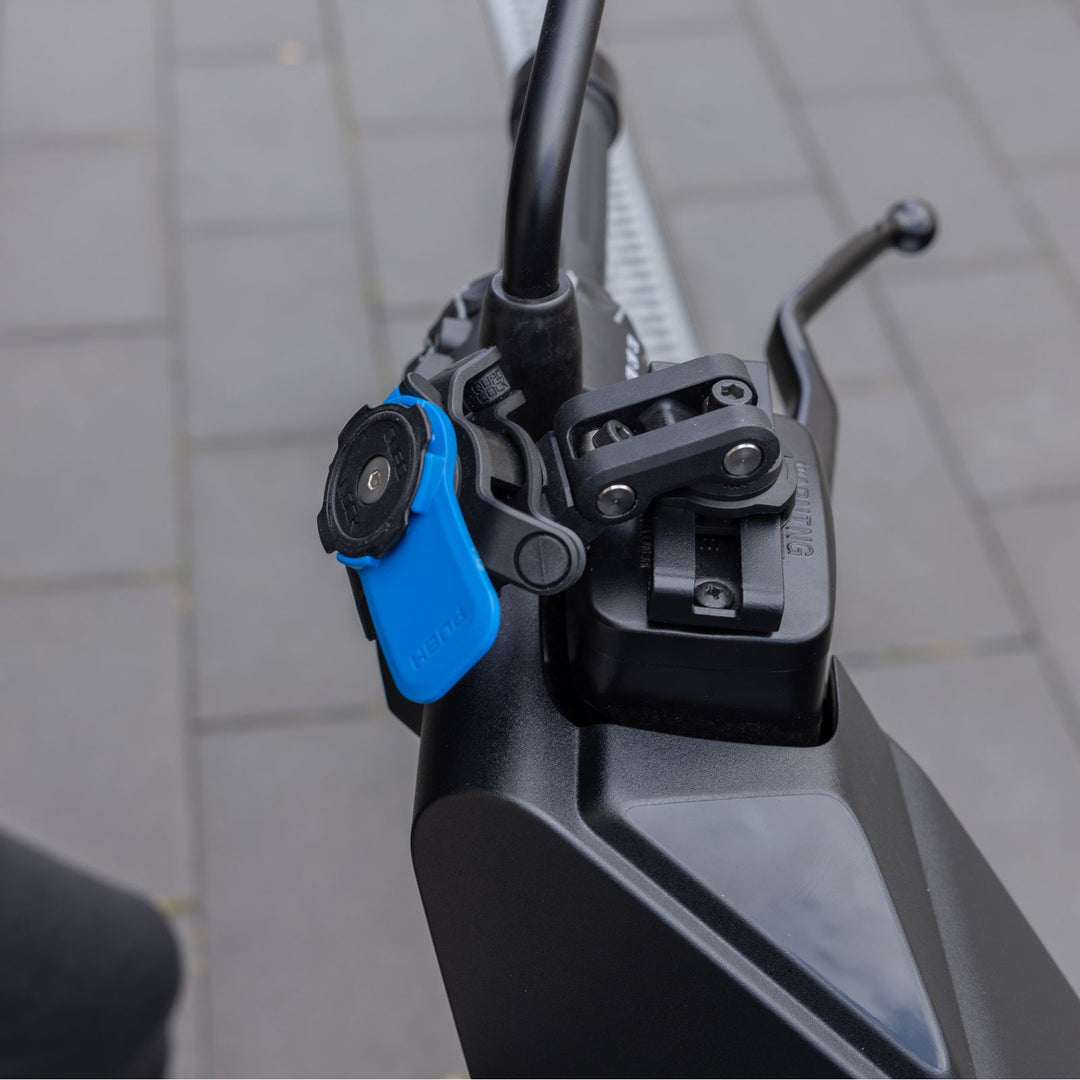 Quad Lock Motorcycle Brake Reservoir Mount (V2) - Lifestyle Close-Up Angled View of Mount Installed on Brake Reservoir