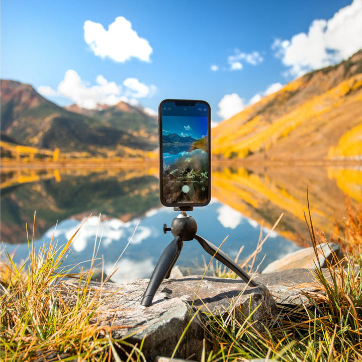 Quad Lock Tripod Adaptor (V3) - Lifestyle of Phone on Tripod Set to Take Picture of Mountain Lake
