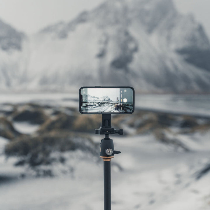 Quad Lock Tripod Adaptor (V3) - Lifestyle of Phone on Tripod Set to Take Picture of Snowy Mountains