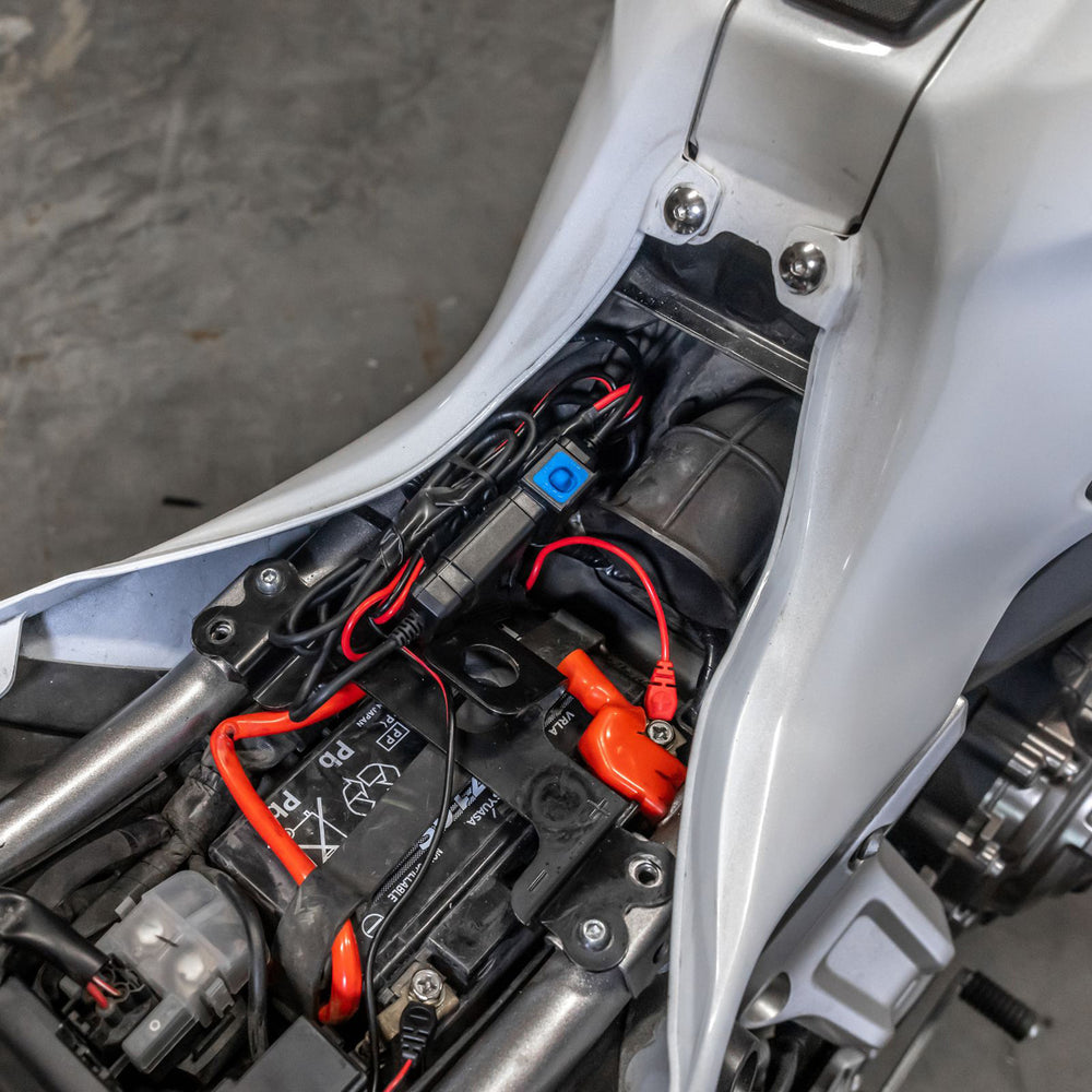 Quad Lock Waterproof 12V to USB Smart Adaptor - Lifestyle of Smart Adaptor Installed Under Removed Motorcycle Seat