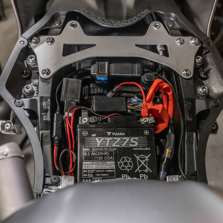 Quad Lock Waterproof 12V to USB Smart Adaptor - Lifestyle Close-Up of Smart Adaptor Installed Under Removed Motorcycle Seat