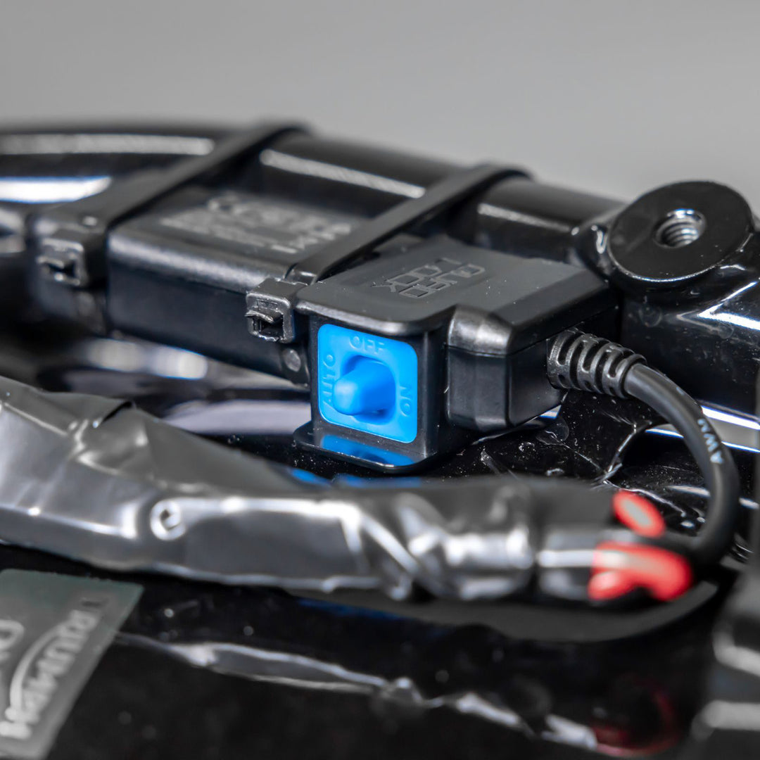 Quad Lock Waterproof 12V to USB Smart Adaptor - Lifestyle Close-Up of Smart Adaptor Zip-Tied to Frame