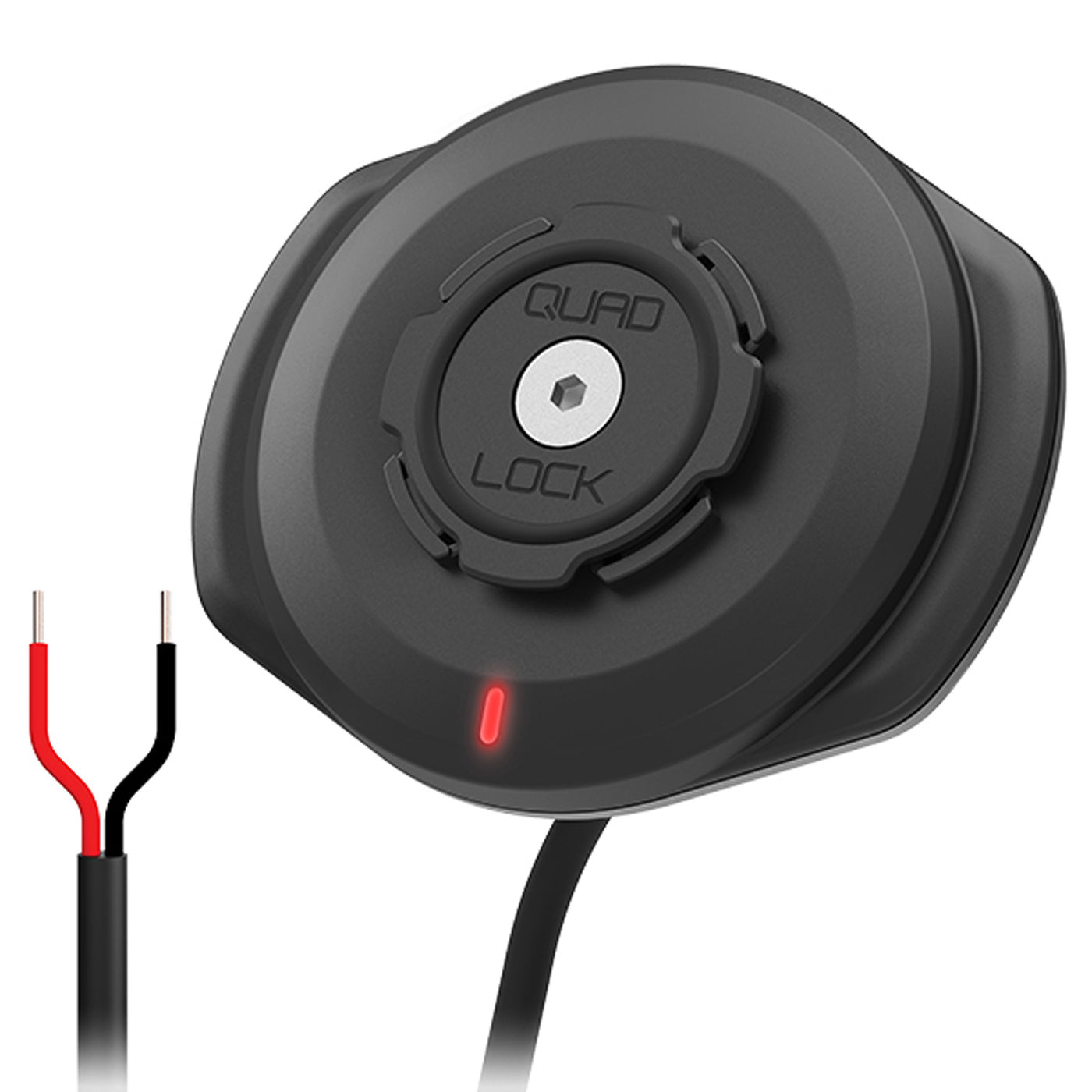 Quad Lock Waterproof Wireless Charging Head - 12V-24V (V2) - Angled Side View with close-up of wire connector