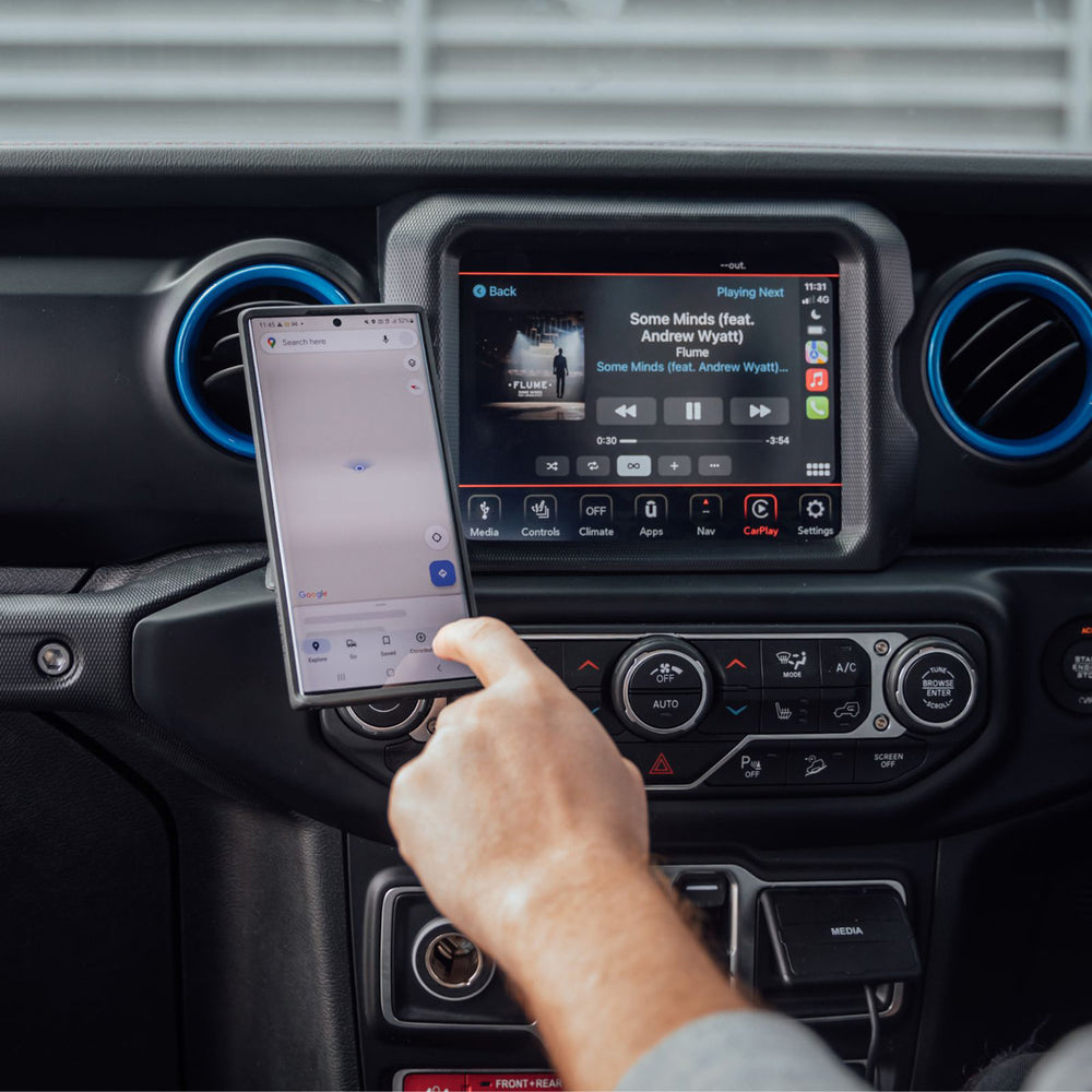 Quad Lock Wireless Charging Head for Car/Desk - V2 - Lifestyle of Driver Using Phone Mounted on Charging Head