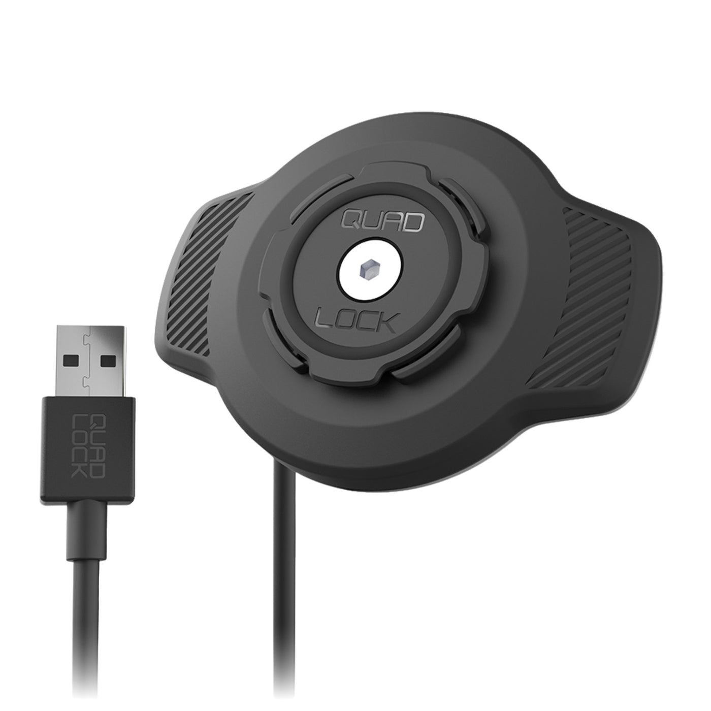 Quad Lock Waterproof Wireless Charging Head - Angled Side View Next to USB Cable End
