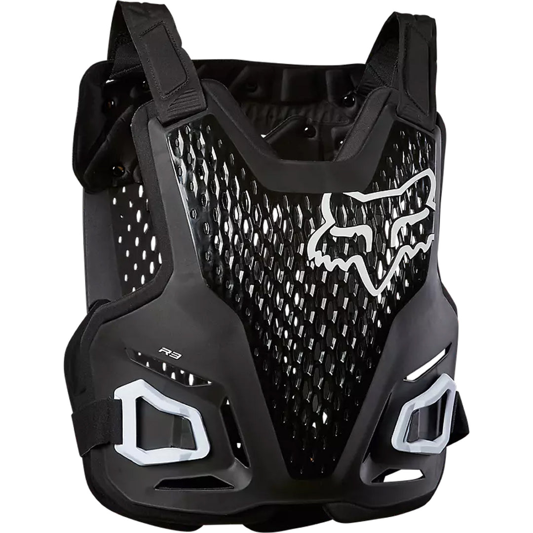 Fox Racing R3 Chest Guard Black - Front View with Shoulder Pads Removed