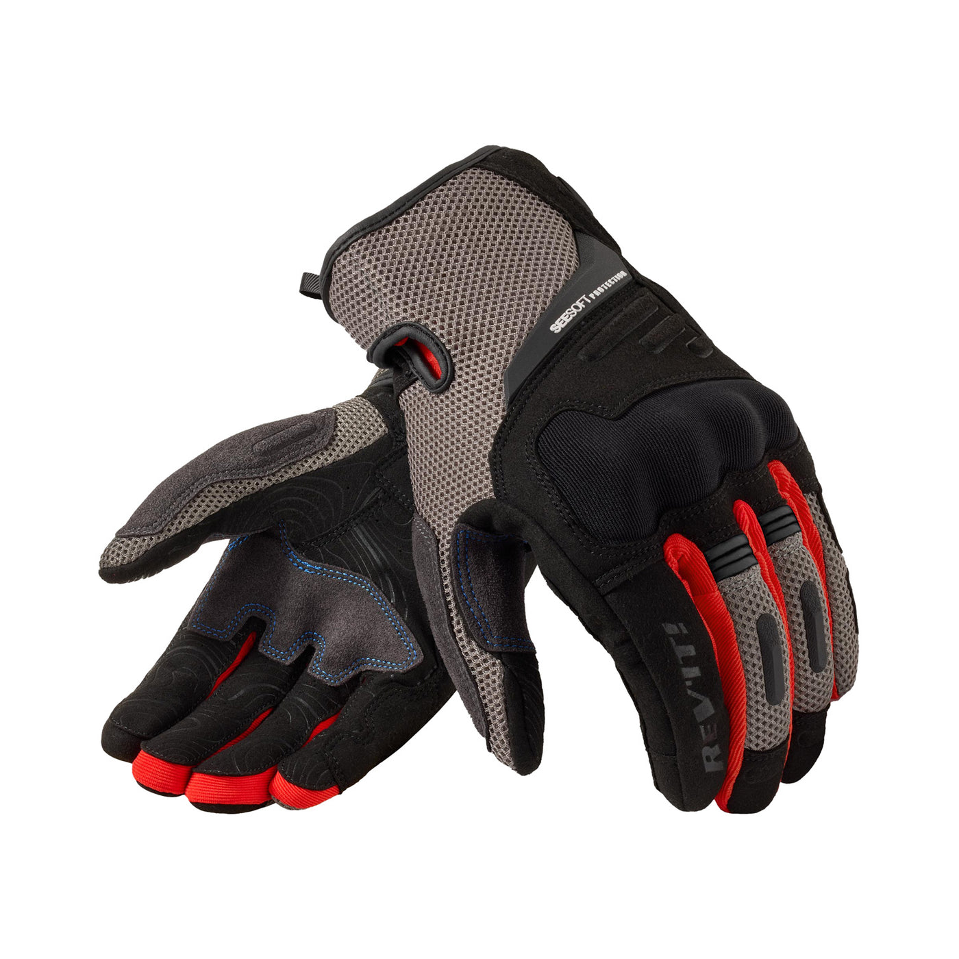 REV'IT! Cavern Gloves Grey-Red - Back of Hand and Palm Views of Pair