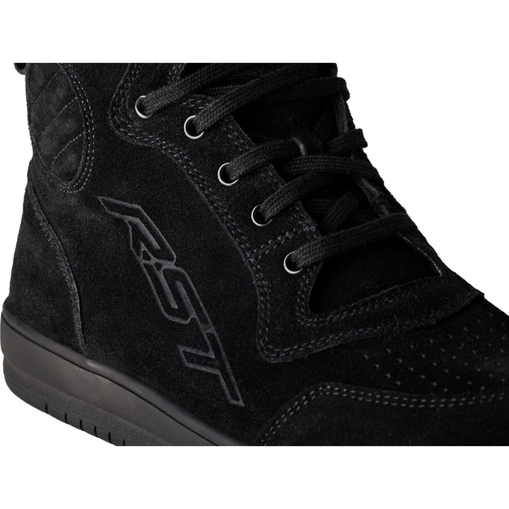 RST Hi-Top Moto CE Sneaker Black Suede - Close-Up of Brand Logo on Outer Side