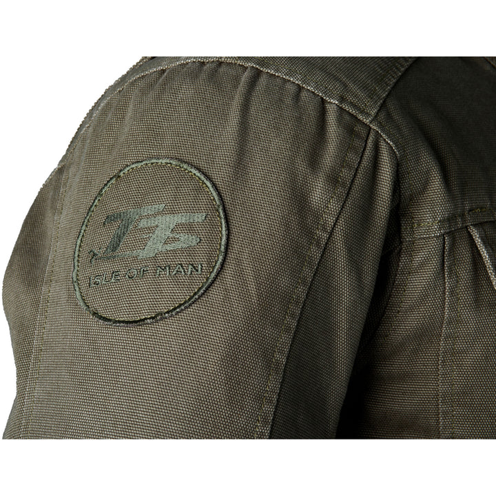 RST Isle of Man TT Crosby 2 CE Jacket Olive - Close-Up of Stitched Patch Logo on Shoulder