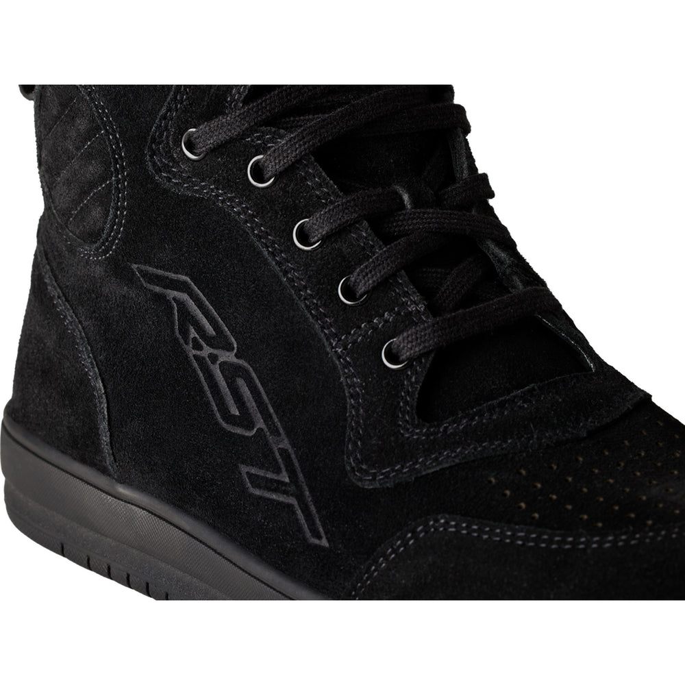 RST Ladies Hi-Top Moto CE Sneaker Black Suede - Close-Up of Brand Logo on Outer Side