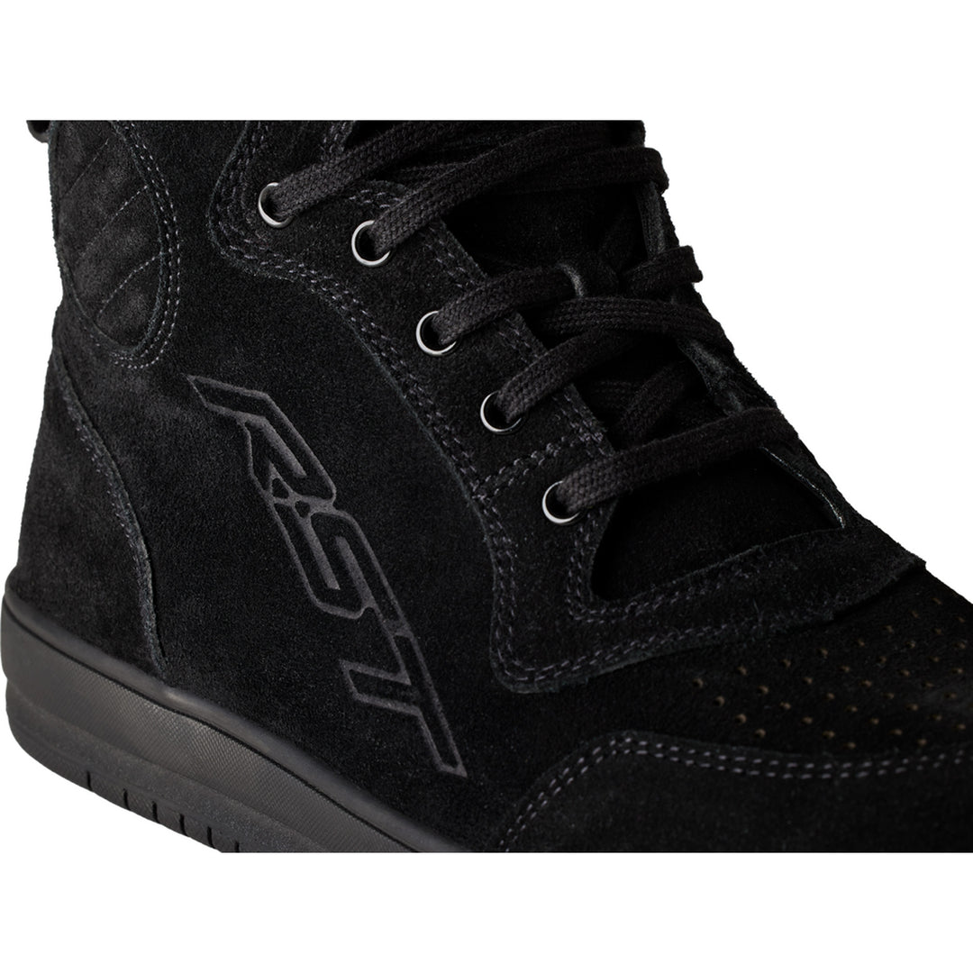RST Ladies Hi-Top Moto CE Sneaker Black Suede - Close-Up of Brand Logo on Outer Side