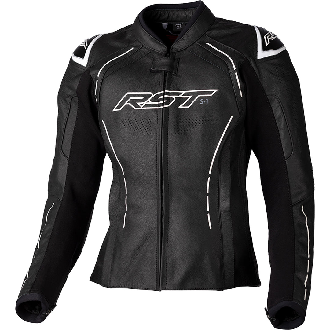 RST Ladies S1 CE Leather Jacket Black/White - Front View