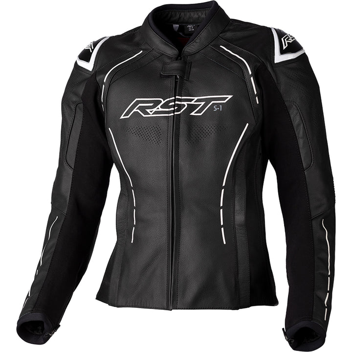 RST Ladies S1 CE Leather Jacket Black/White - Front View