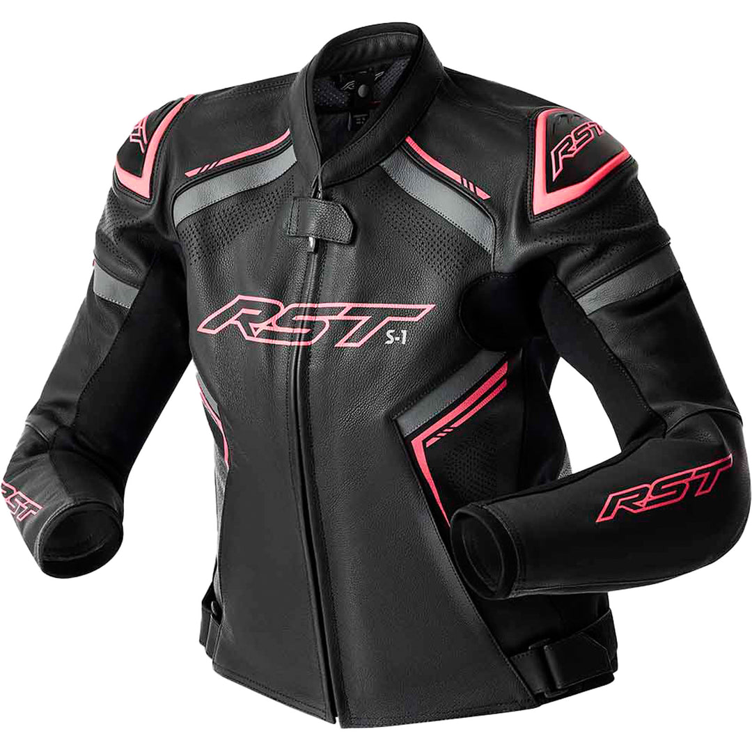 RST Ladies' S1 D3O Leather Jacket Black/Flo Pink - Front View