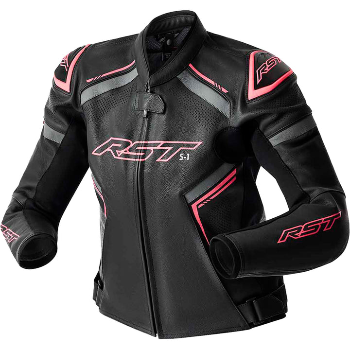 RST Ladies' S1 D3O Leather Jacket Black/Flo Pink - Front View
