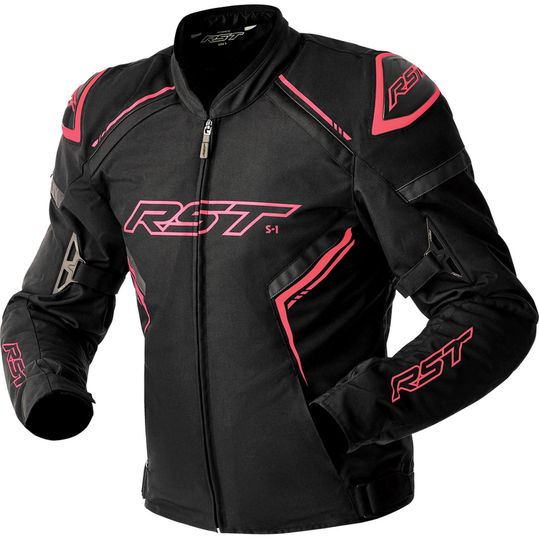 RST Ladies' S1 D3O Textile Jacket Black/Flo Pink - Front View