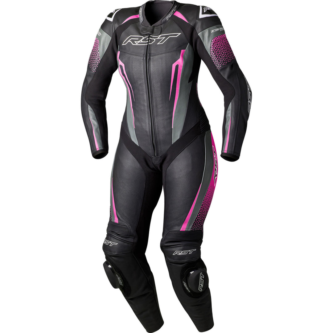 RST Ladies' TracTech Evo D3O Leather Suit Black/Pink - Front View