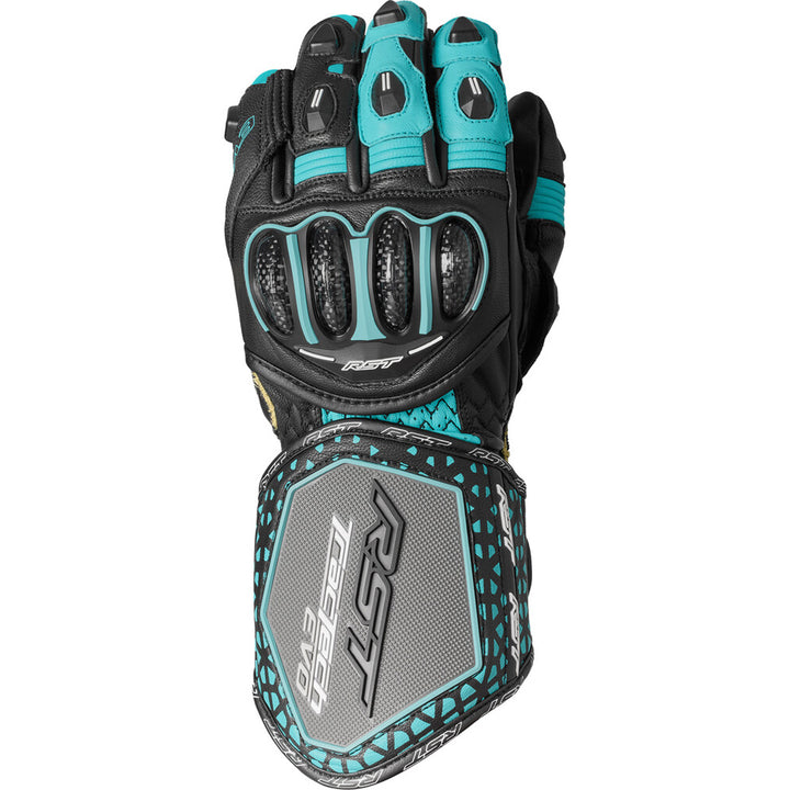 RST Ladies' TracTech Evo 4 Gloves Black/Aqua/Grey - Back of Hand View