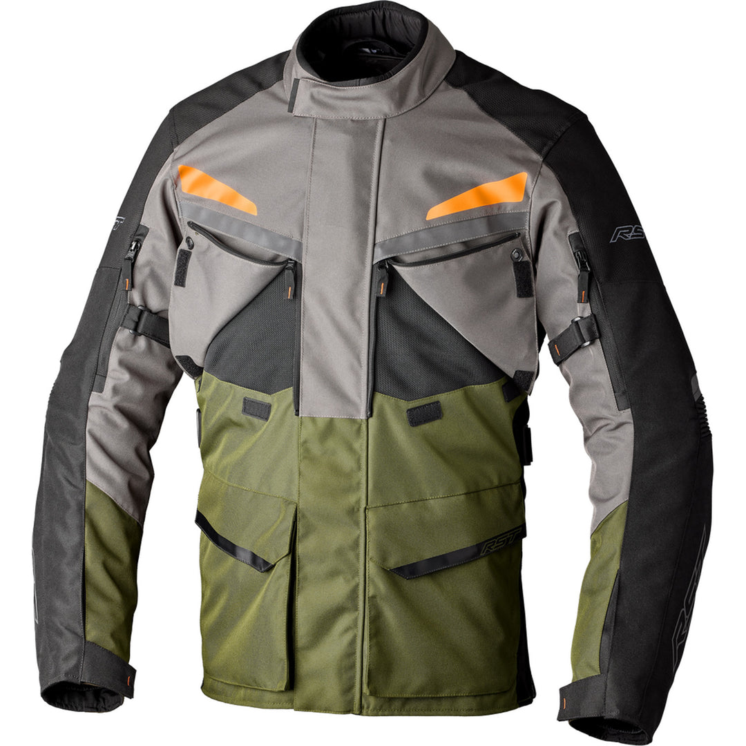 RST Maverick Evo Jacket Khaki/Grey/Orange - Front View with Chest Vents Open