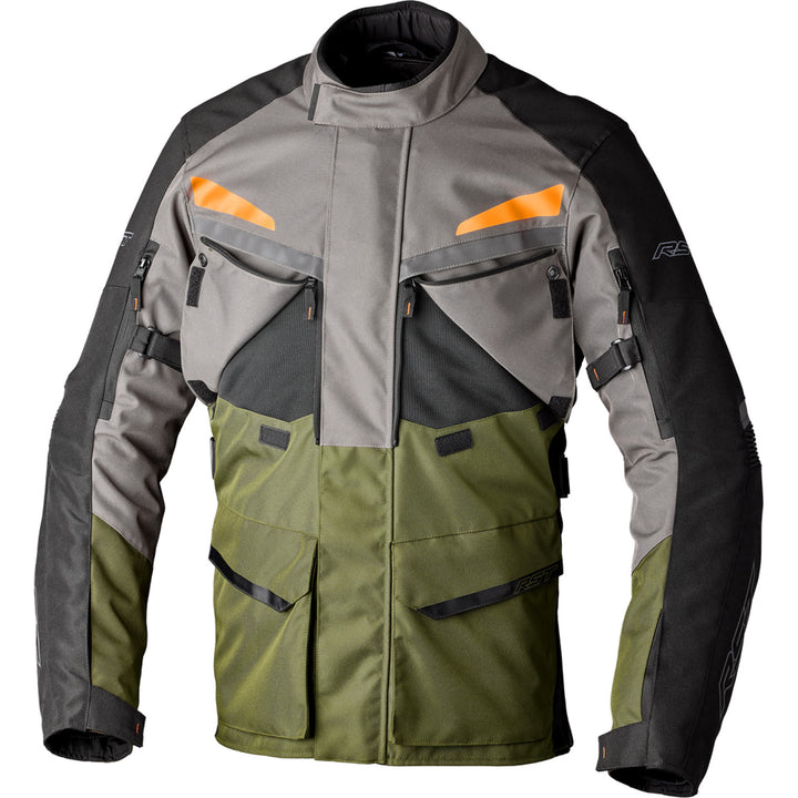 RST Maverick Evo Jacket Khaki/Grey/Orange - Front View with Chest Vents Open